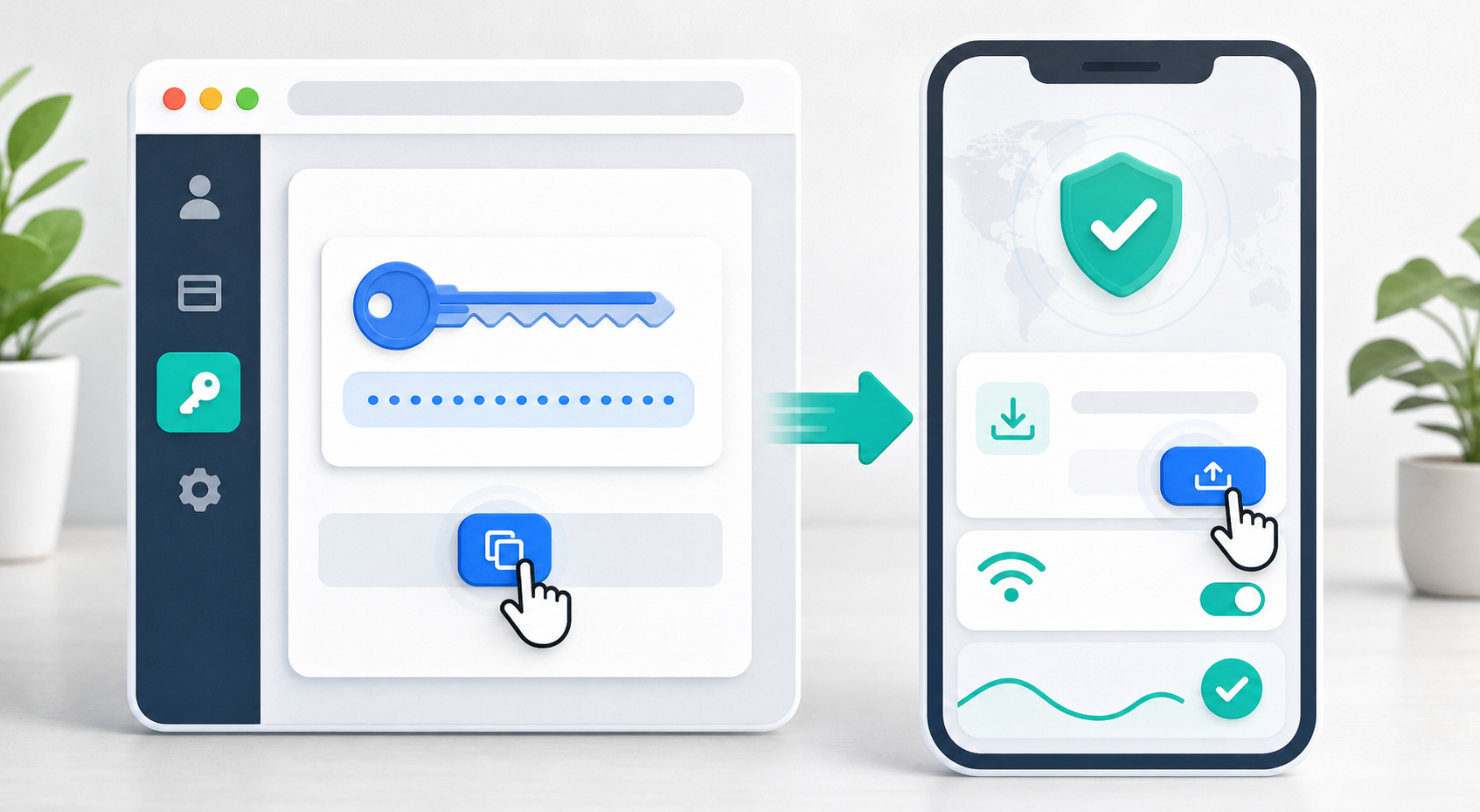 Illustration of copying a VPN key and importing it into the app