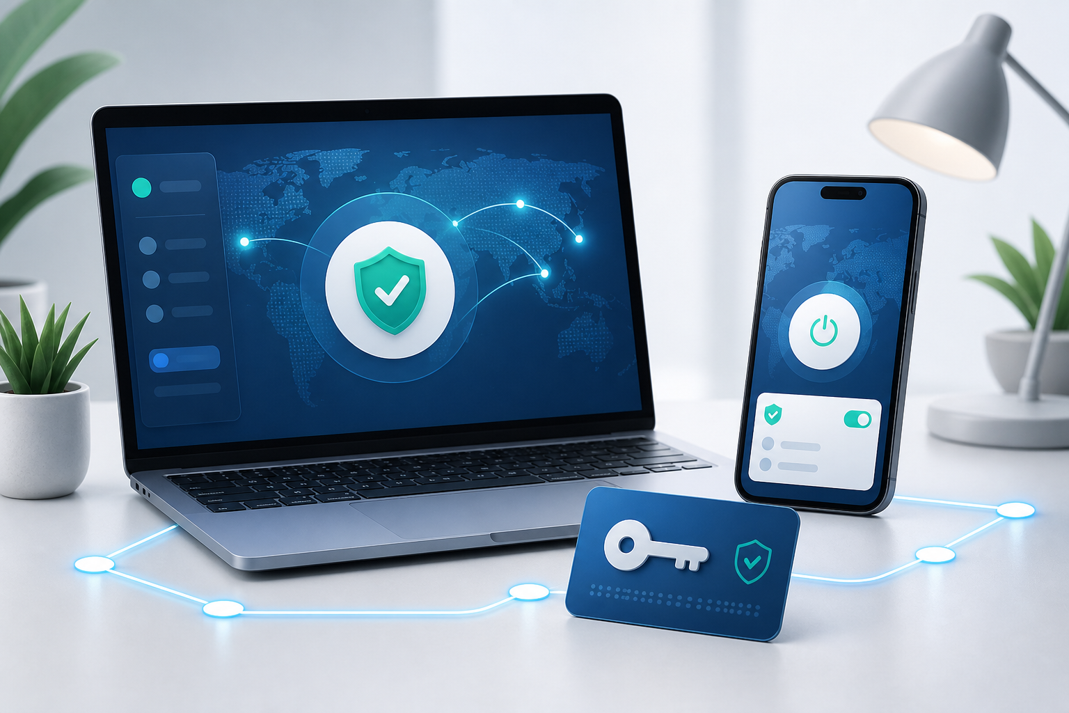 VPN setup illustration on a laptop and phone